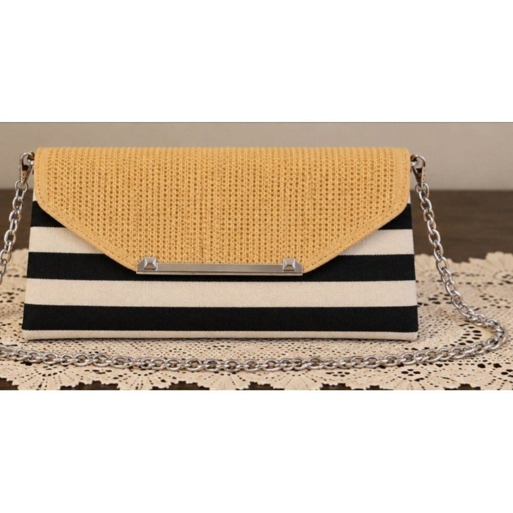 Stella & Dot City Slim Black and White Chain Crossbody Clutch Purse Preppy EUC